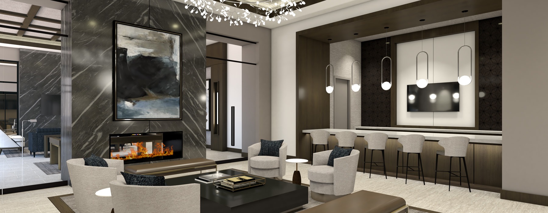 luxurious lobby with fireside seating and billiards table