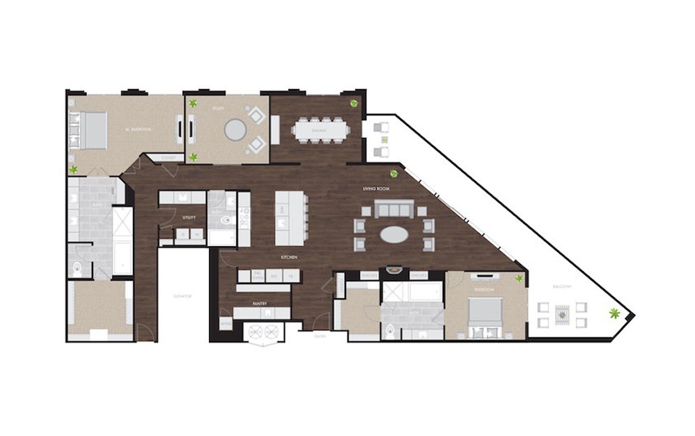 Penthouse 3.1 with Study - 2 bedroom floorplan layout with 3 baths and 2816 square feet.