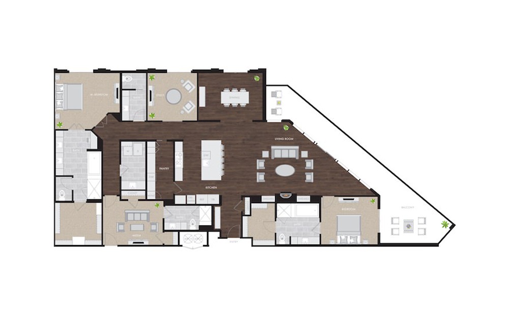 Penthouse 3 with Media & Study - 2 bedroom floorplan layout with 3.5 baths and 2992 square feet.