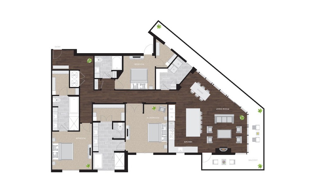 Penthouse 2 - 3 bedroom floorplan layout with 3 baths and 2383 square feet.