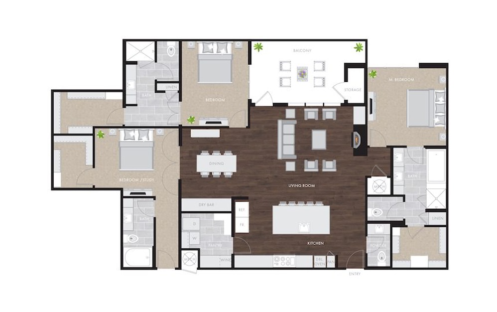 Penthouse 1 - 3 bedroom floorplan layout with 3.5 baths and 2282 square feet.