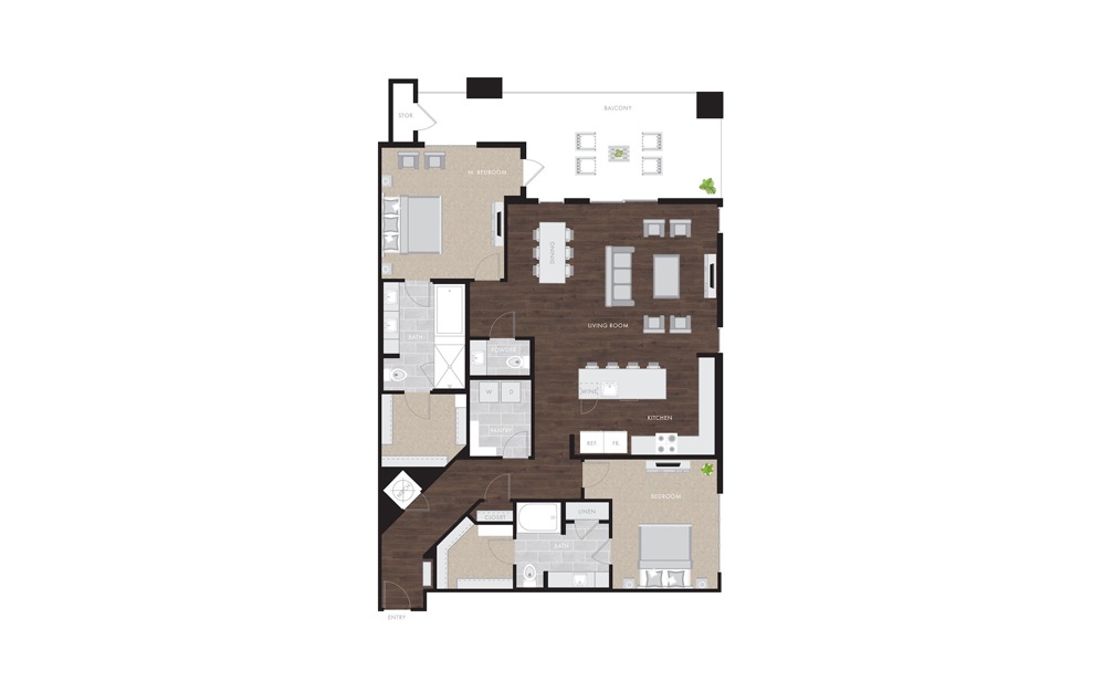 B11 - 2 bedroom floorplan layout with 2.5 baths and 1844 to 1904 square feet.
