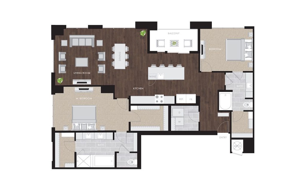 B9 - 2 bedroom floorplan layout with 2 baths and 1765 to 1781 square feet.