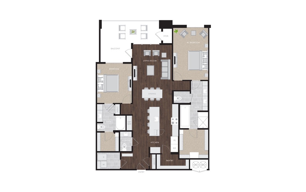 B8 - 2 bedroom floorplan layout with 2.5 baths and 1715 to 1740 square feet.