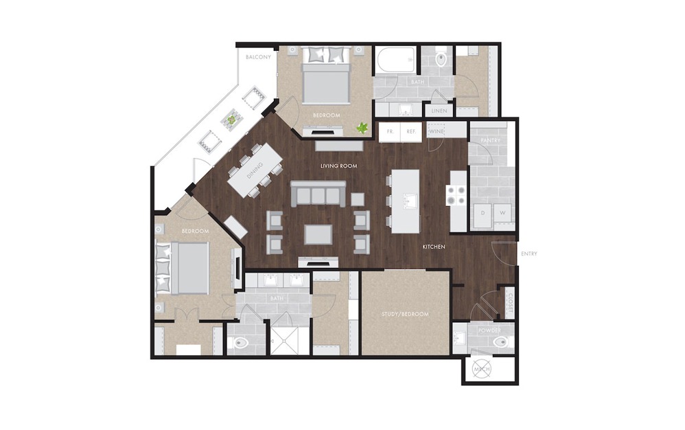 B7 - 2 bedroom floorplan layout with 2.5 baths and 1604 square feet.
