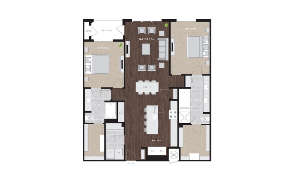 B6 - 2 bedroom floorplan layout with 2 baths and 1576 to 1620 square feet.