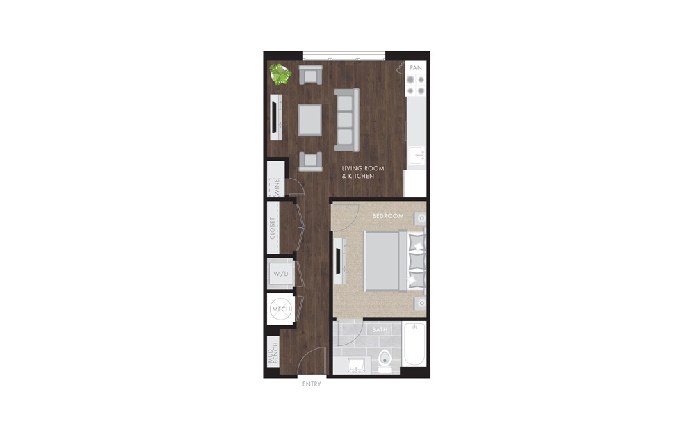A1 - 1 bedroom floorplan layout with 1 bath and 634 to 701 square feet.