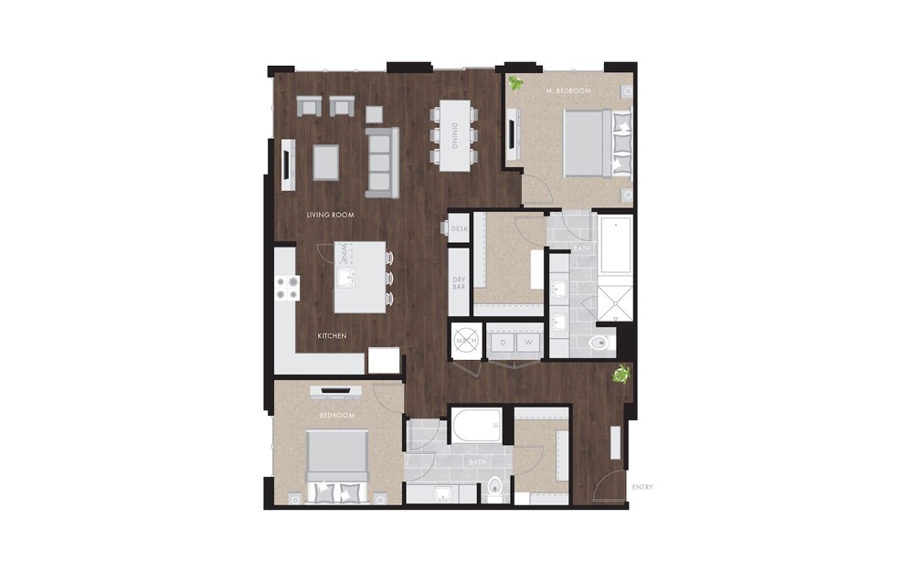 B5 - 2 bedroom floorplan layout with 2 baths and 1543 square feet.