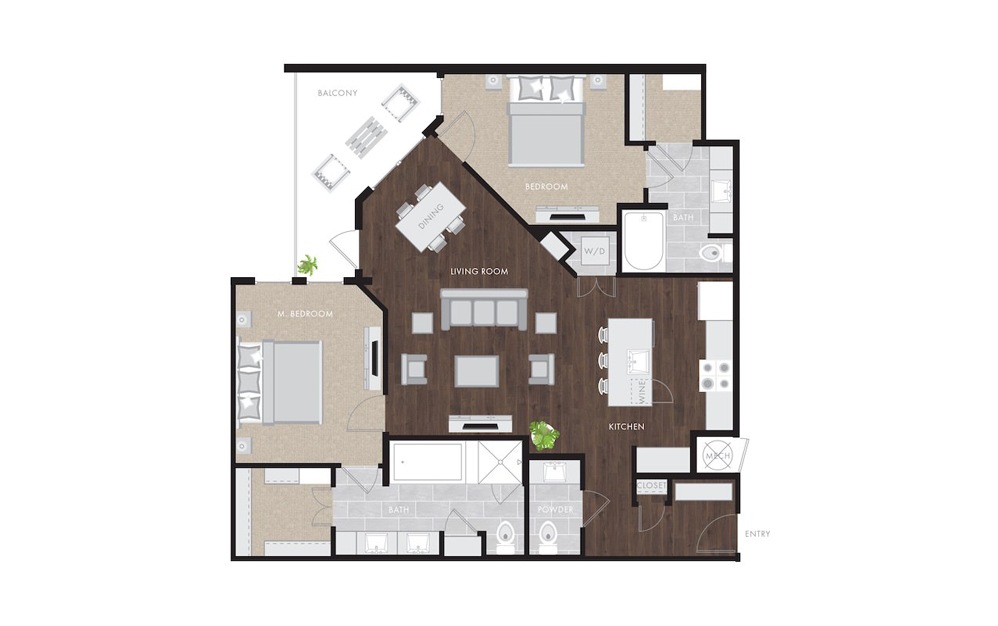 B2 - 2 bedroom floorplan layout with 2.5 baths and 1352 square feet.