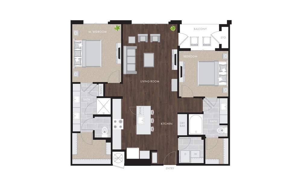 B1 - 2 bedroom floorplan layout with 2 baths and 1281 to 1434 square feet.