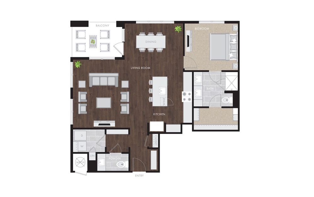 A9 - 1 bedroom floorplan layout with 1.5 bath and 1136 square feet.
