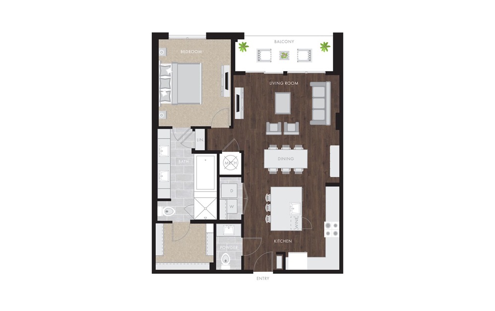 A8 - 1 bedroom floorplan layout with 1.5 bath and 1037 to 1173 square feet.