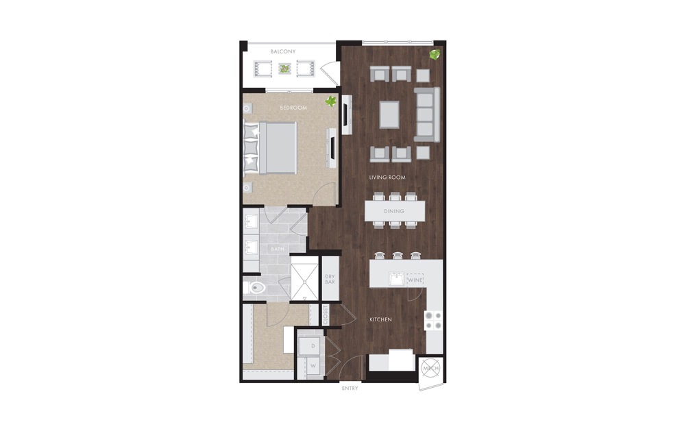 A6 - 1 bedroom floorplan layout with 1 bath and 1047 to 1048 square feet.