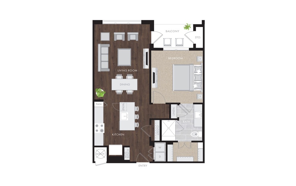 A2 - 1 bedroom floorplan layout with 1 bath and 832 to 969 square feet.
